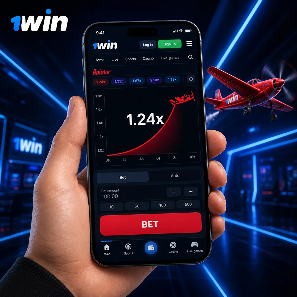Aviator game on 1win mobile with flying plane multiplier graph and betting button