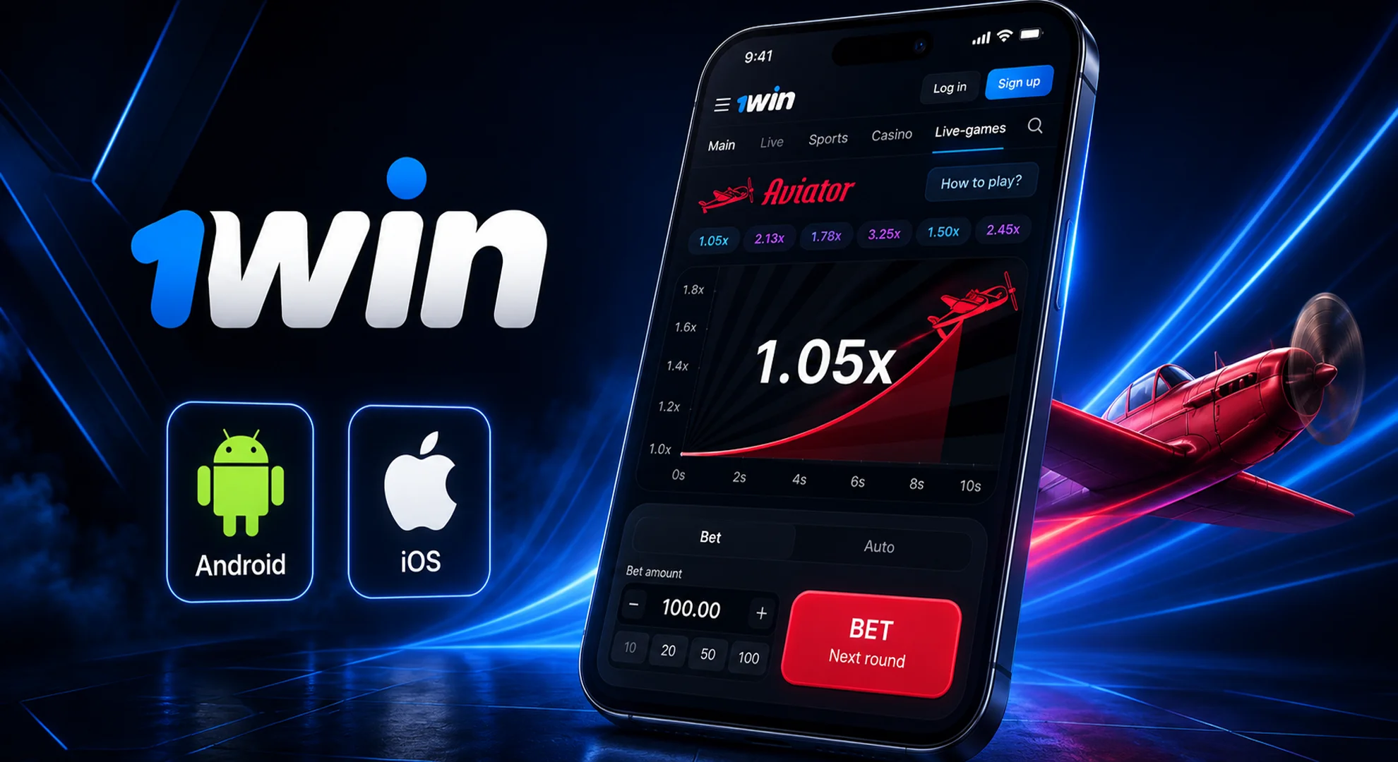 Aviator interface with multiplier and flight graph on smartphone with Android and iOS icons