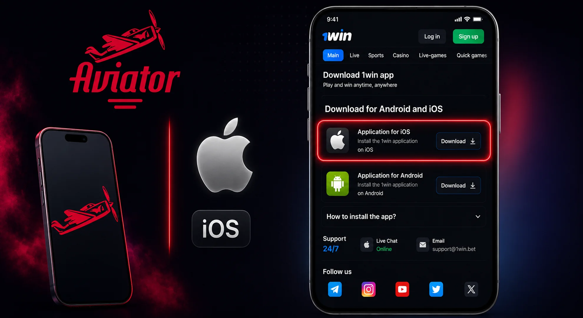 1win download page with highlighted iOS app button and iPhone icon for installation