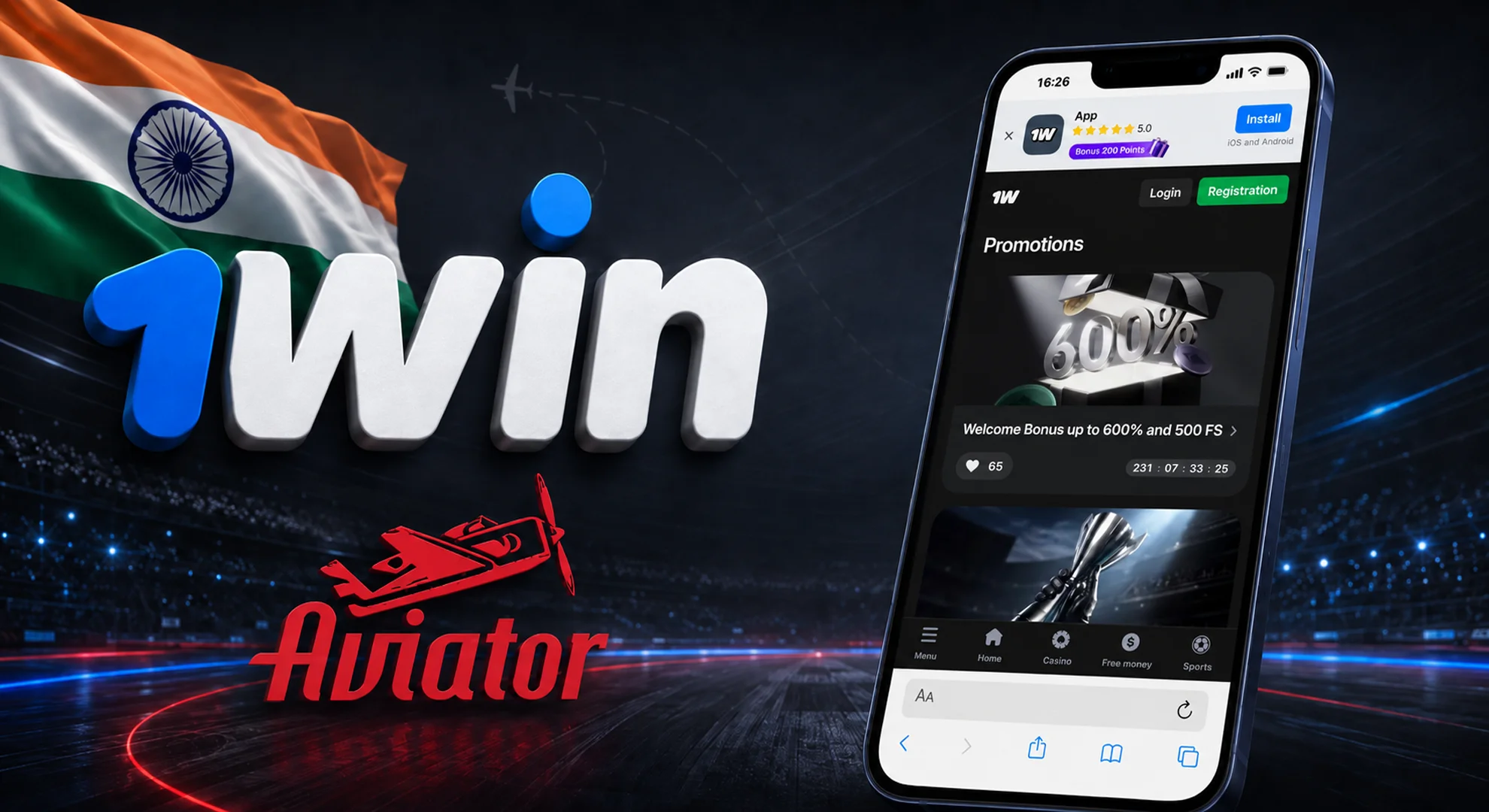 Promotional banner for India with flag smartphones and Aviator bonus interface