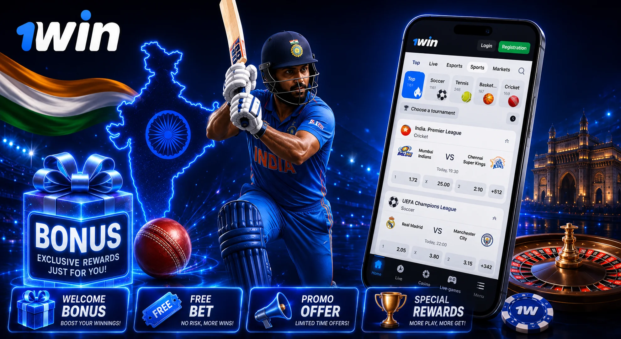 Smartphone with 1win app and cricket player highlighting sports betting bonuses