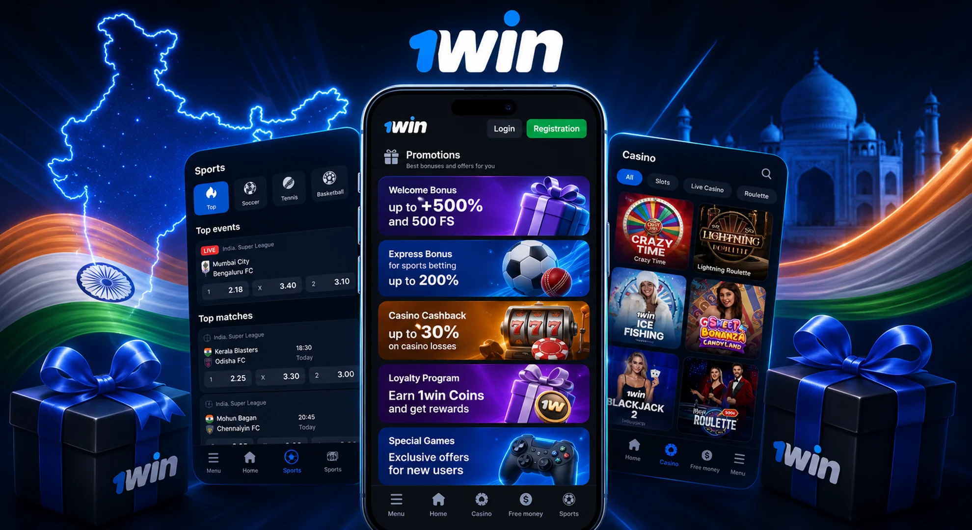 Mobile app screen with bonus cards cashback and loyalty program with gift boxes