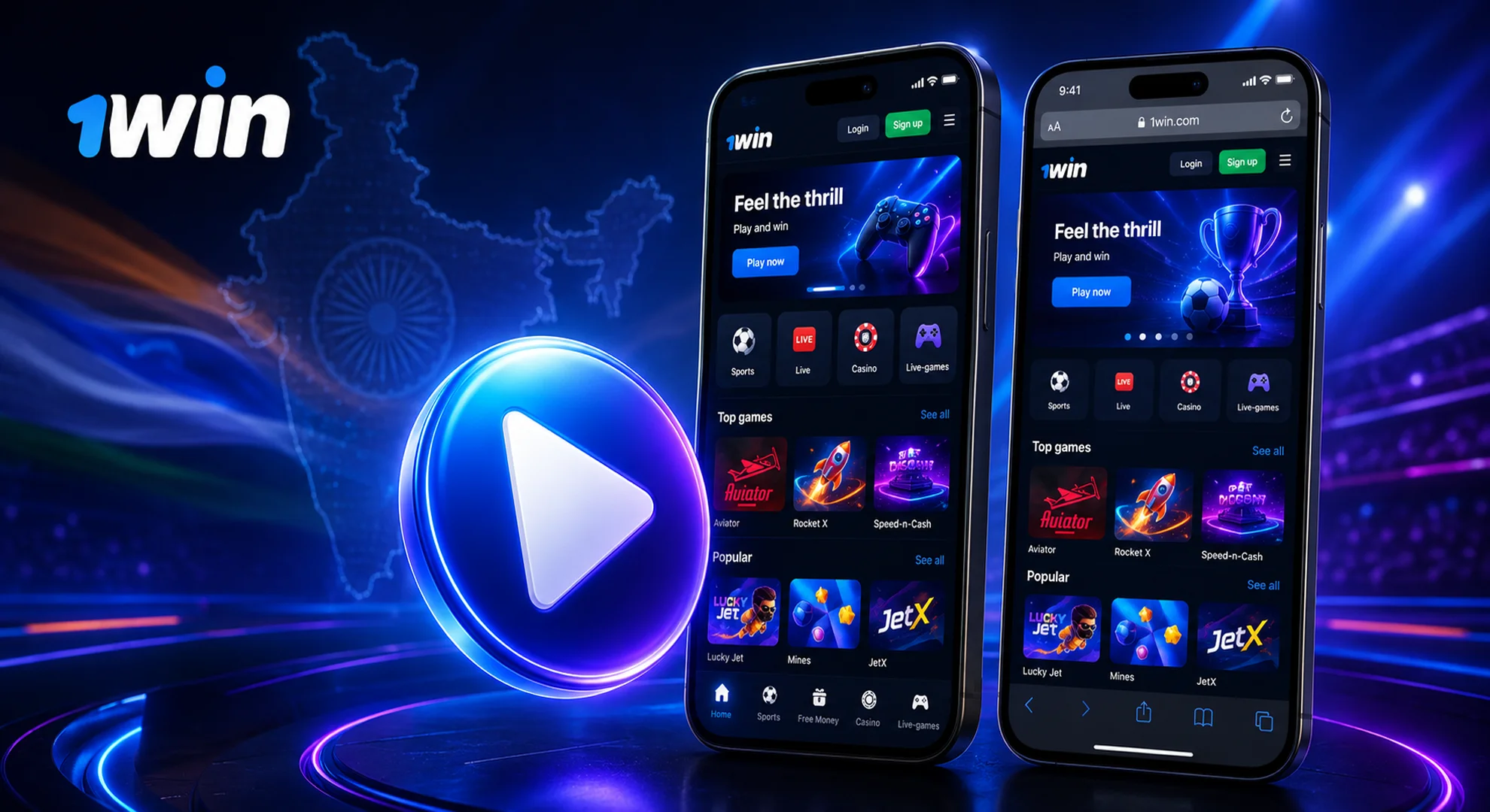 Two smartphones showing app interface and website version with play button highlighting interactive gameplay