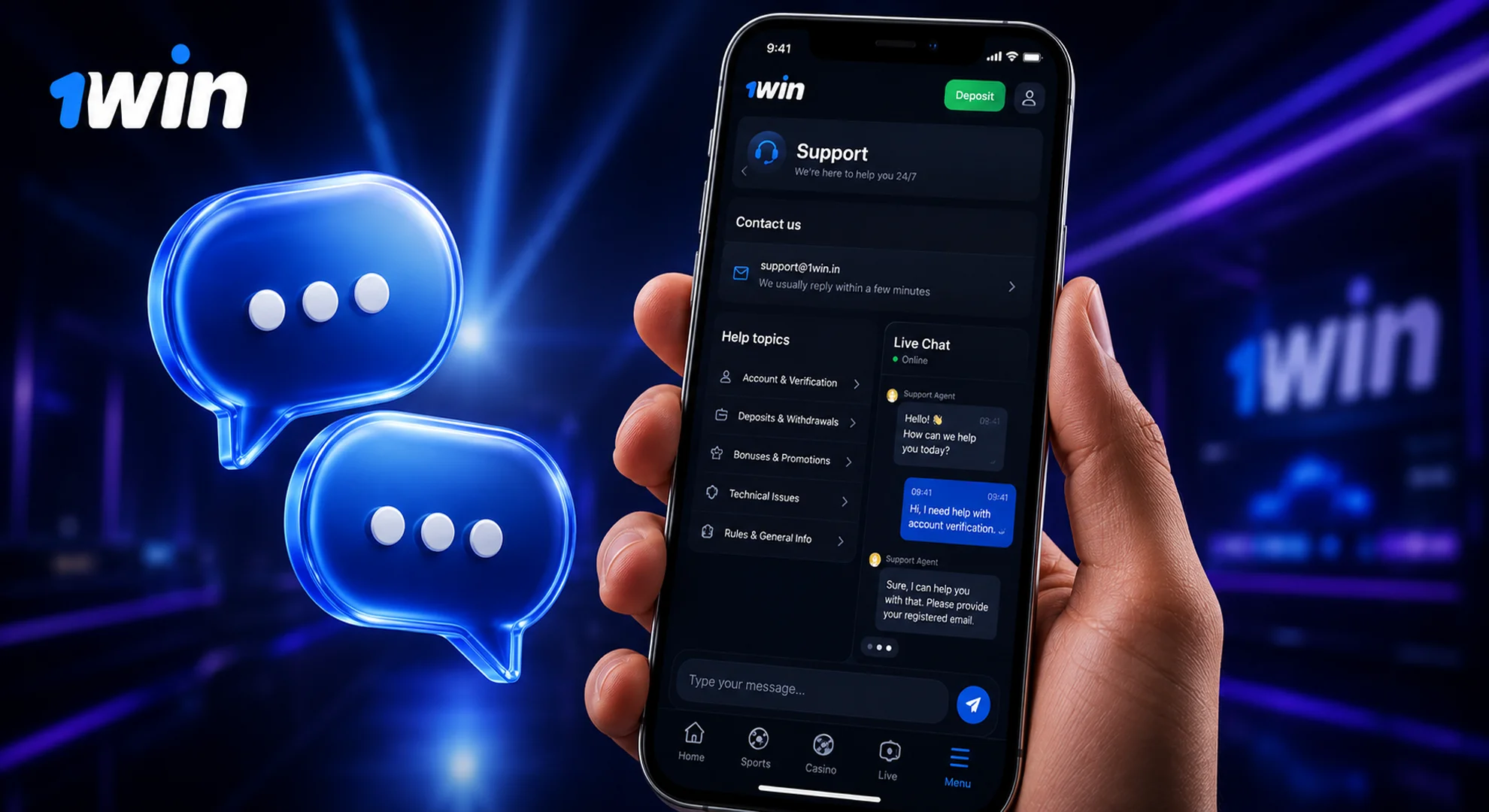 Smartphone showing 1win customer support chat with message icons for live assistance