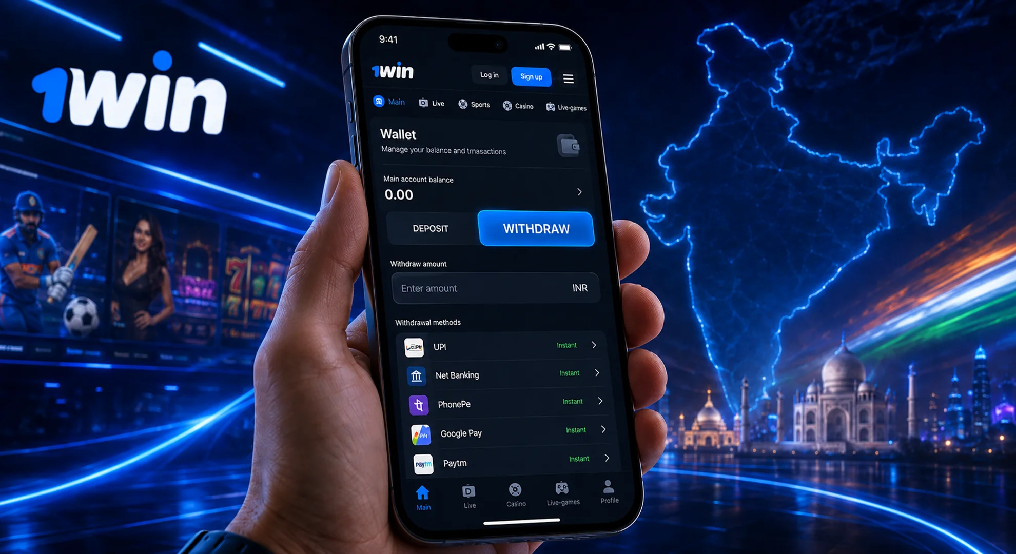 Smartphone displaying 1win withdraw page interface with payout options