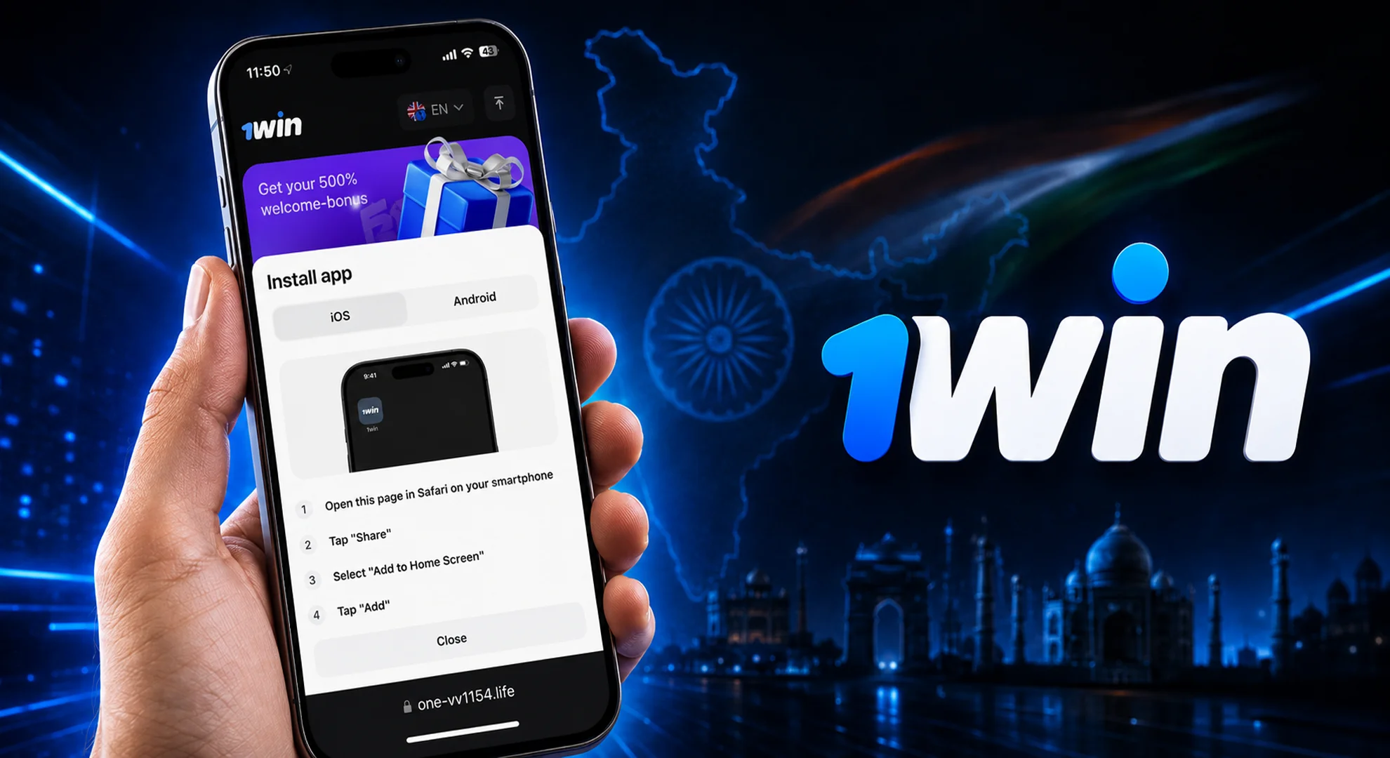 iPhone in hand displaying 1win homepage with app download options and official interface