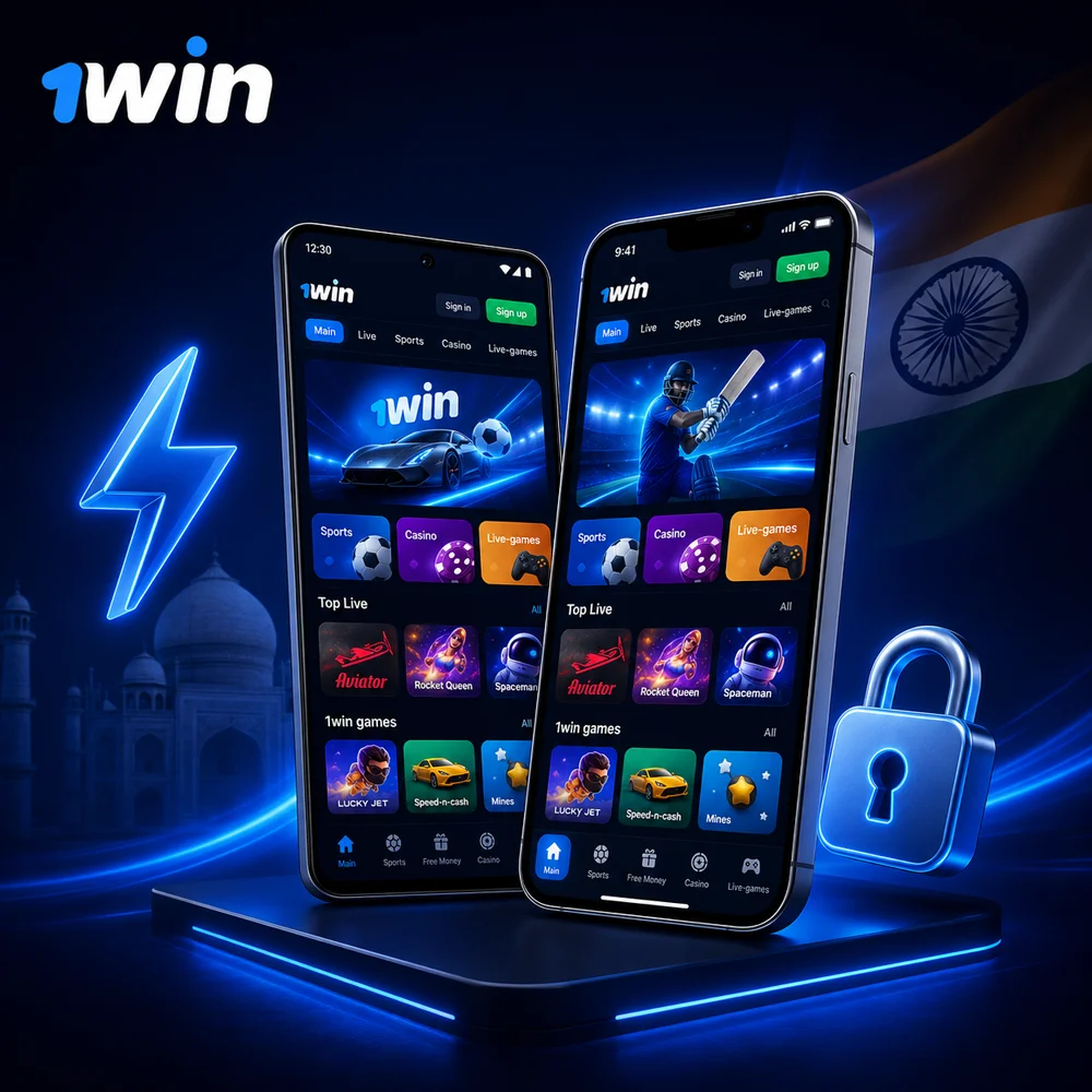 Isometric Android and iPhone smartphones showing the 1win app with lightning and security icons