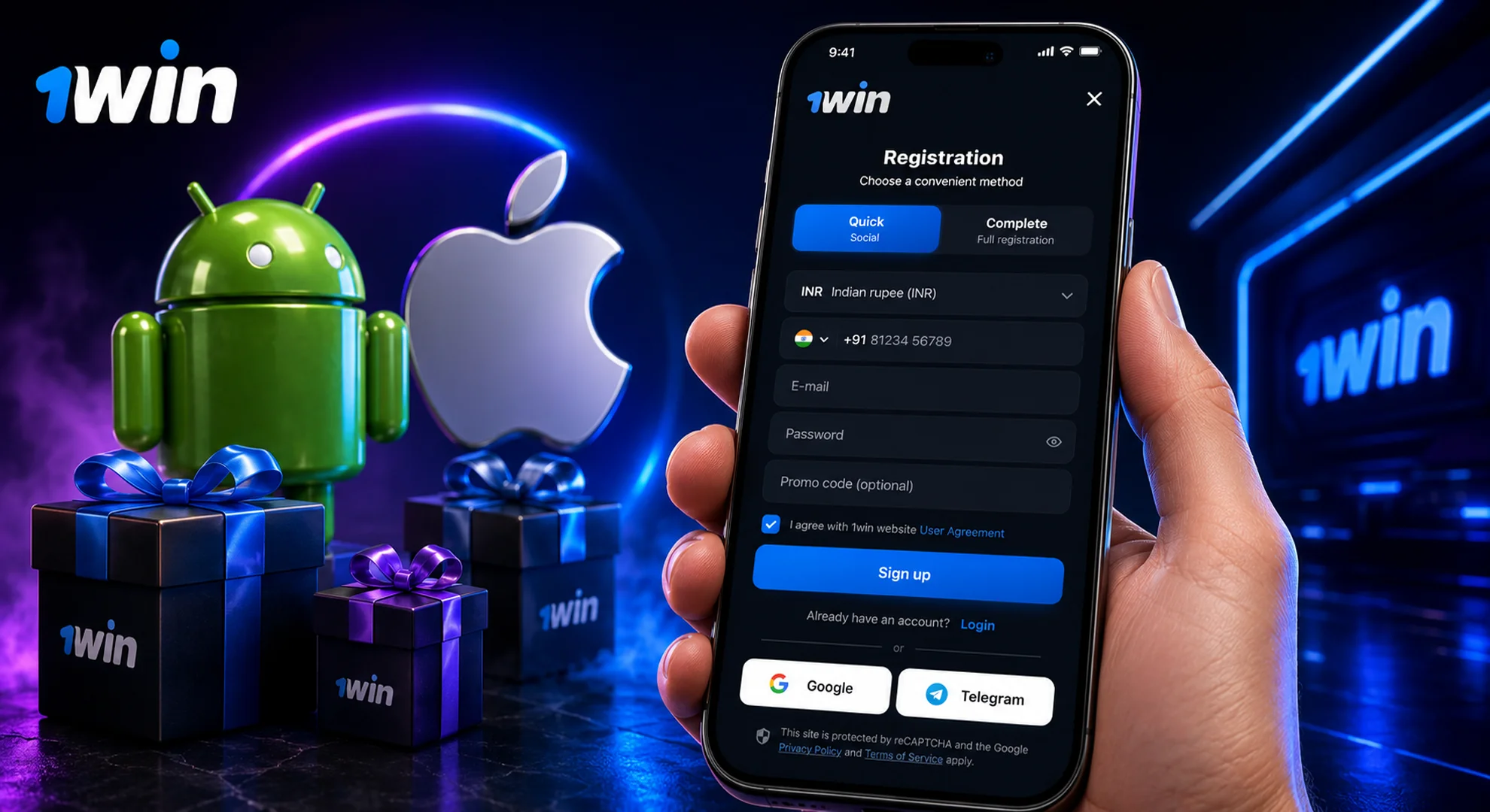 Smartphone showing registration form with bonus icons and Android iOS symbols in background