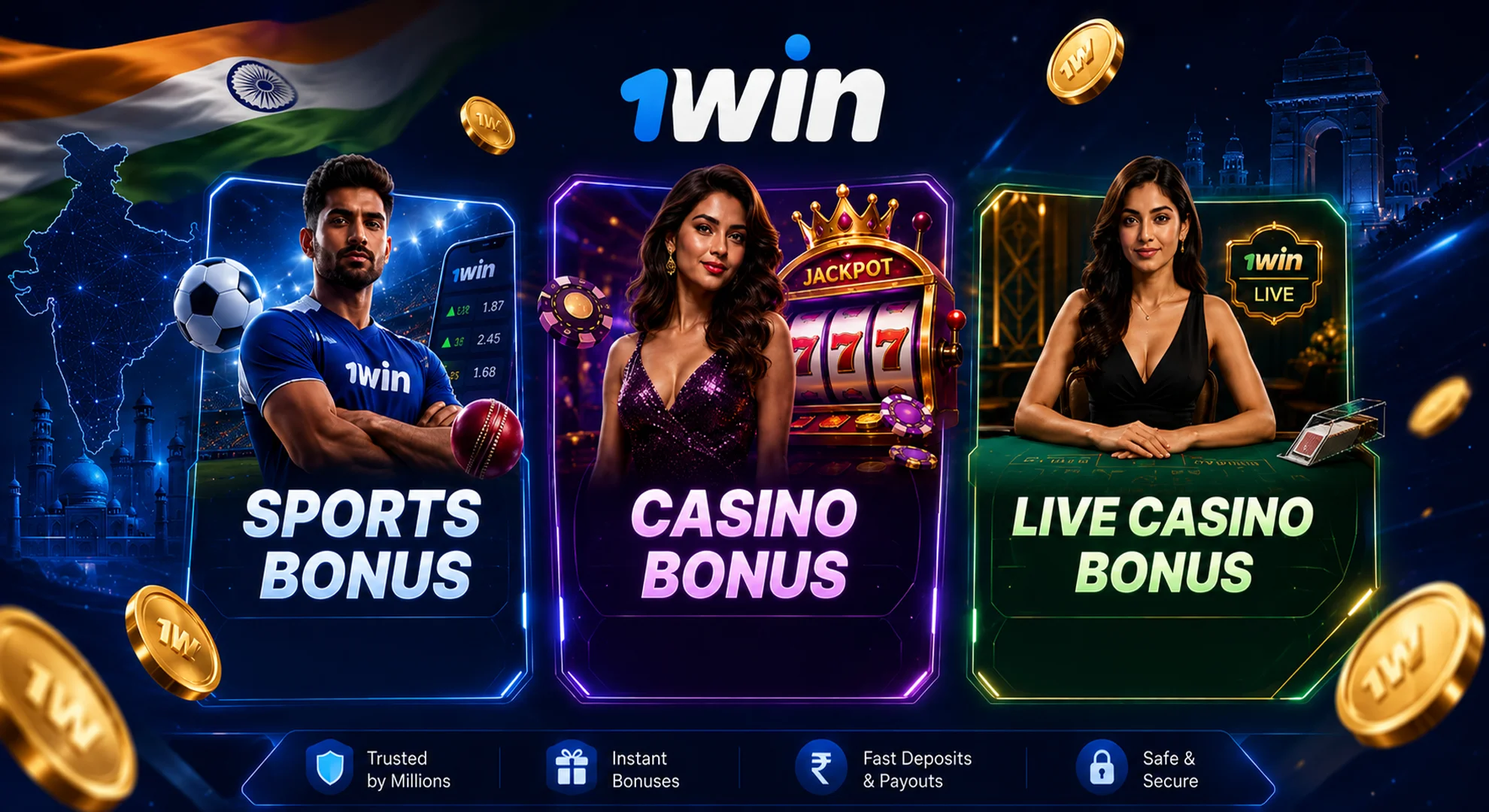 1win welcome bonuses for sports casino and live games with promotional visuals