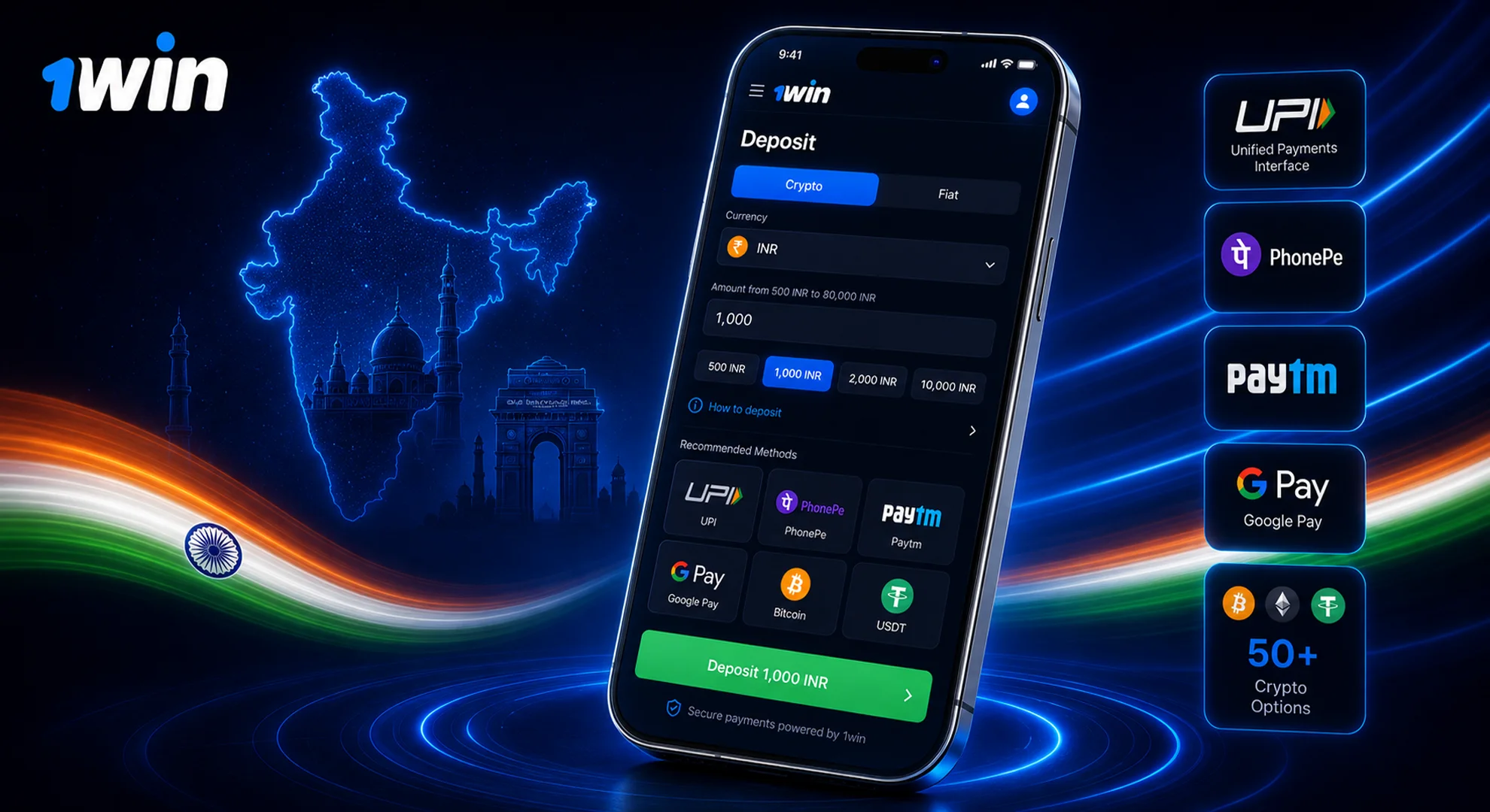 Deposit interface with cryptocurrency payment in INR and amount selection on mobile screen