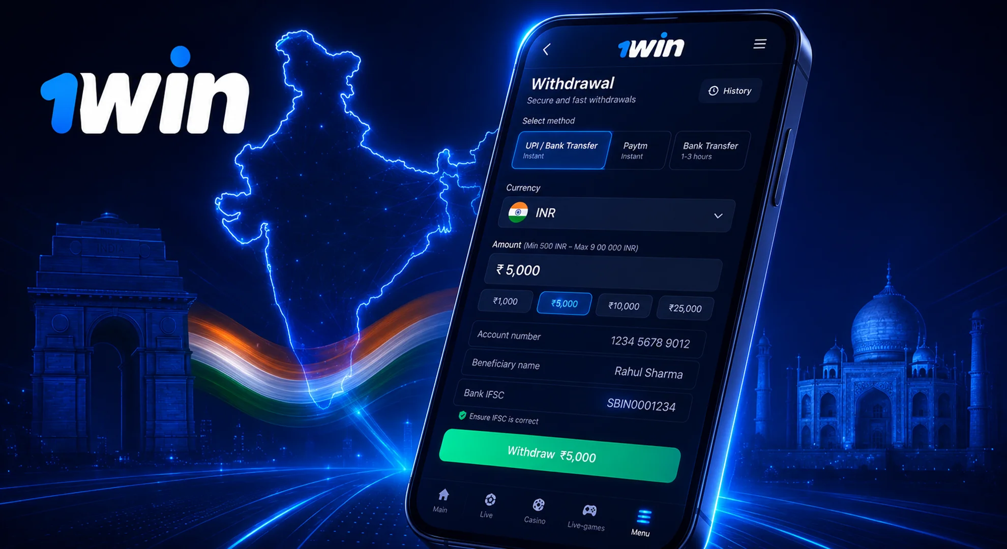 1win withdrawal screen with crypto payout options in INR and transaction form