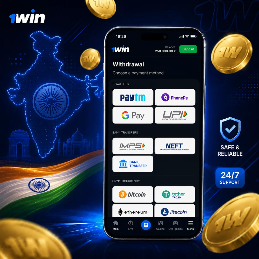 Smartphone with withdrawal options and payment systems with flying coins on dark background