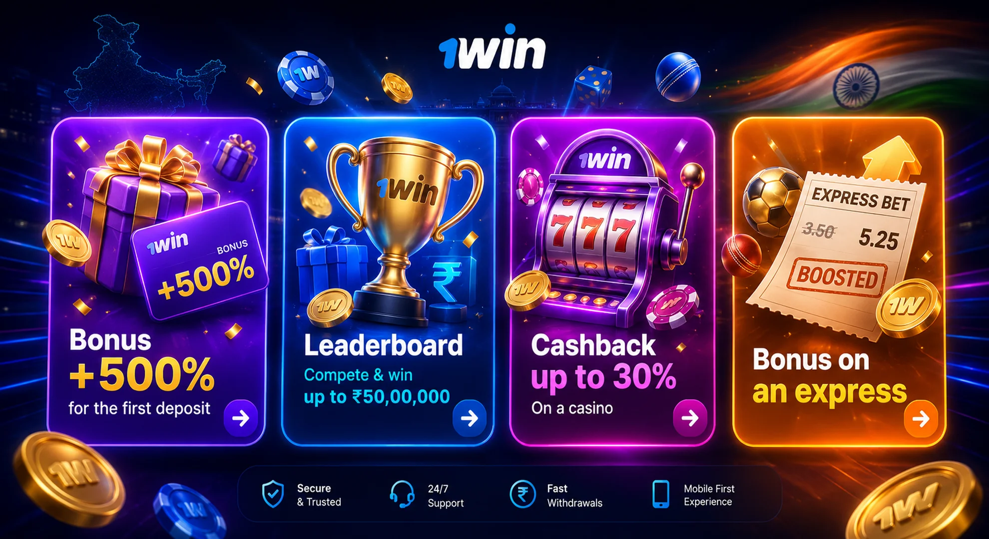 Bright bonus cards including deposit bonus cashback and leaderboard rewards in 1win app