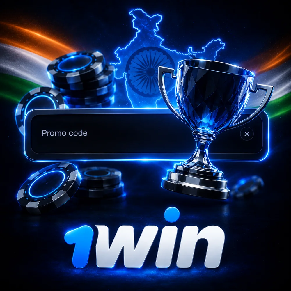 Promo code input field with casino chips and trophy on dark neon background